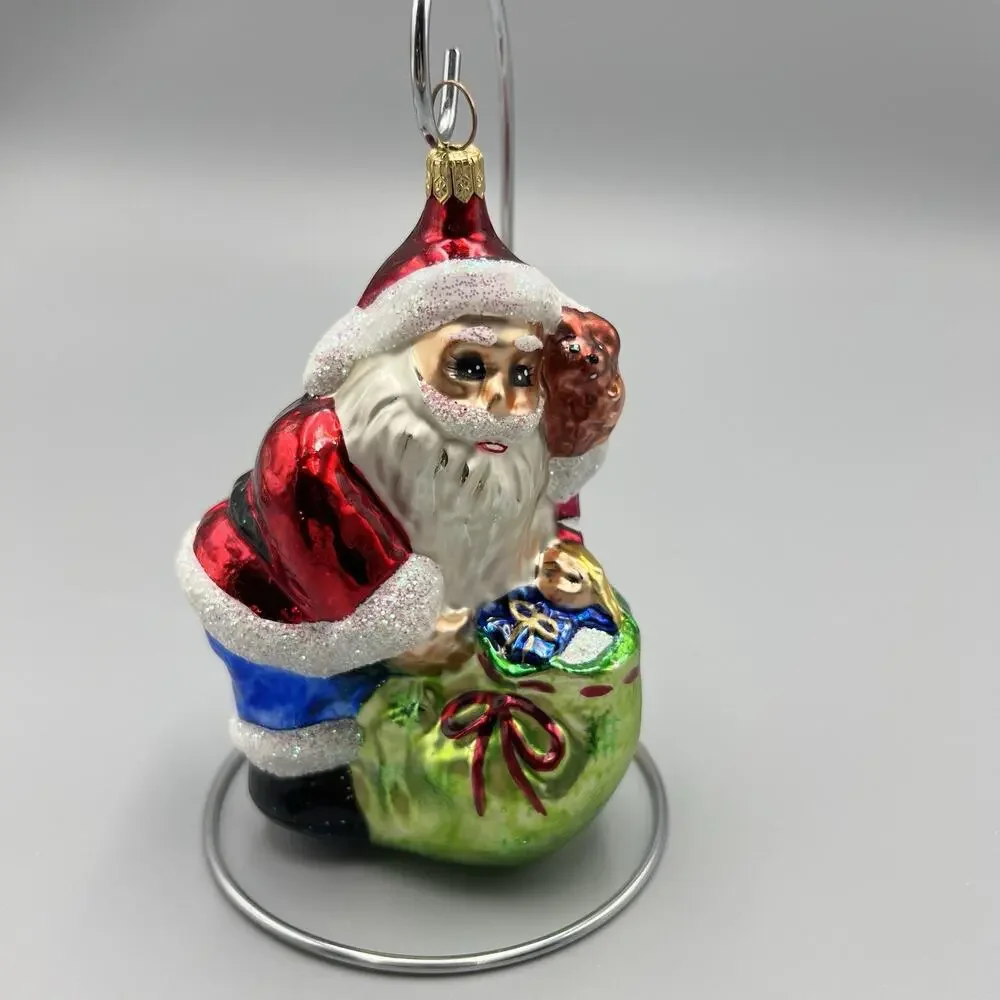 Christopher Radko Bundle Of Toys Christmas‎ Ornament Santa Glass Green Bag 5.5”